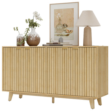 Fluted Sideboard Buffet Cabinet With 4 Doors, 2 Adjustable Shelves, 5 Wood Legs